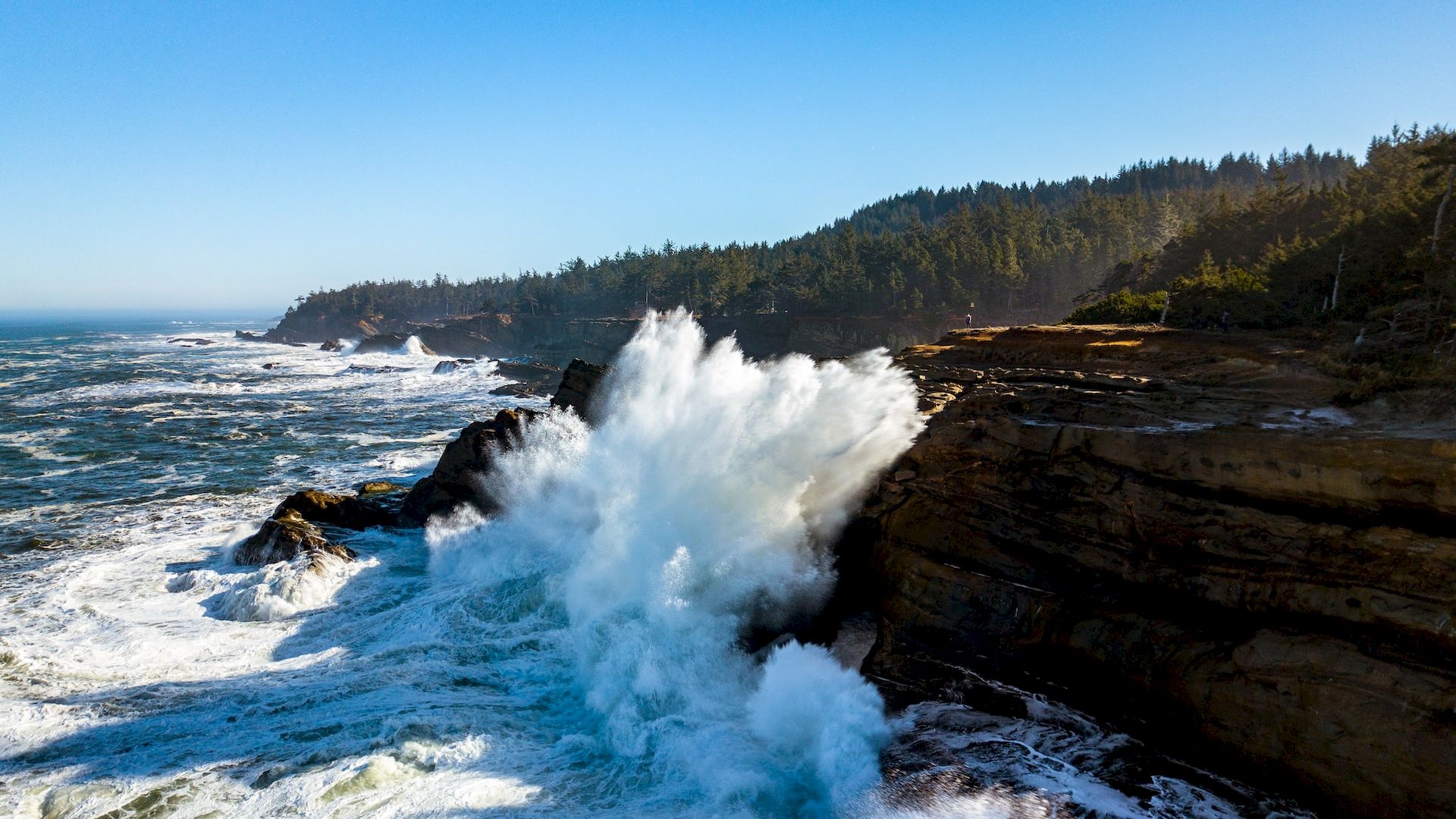 A stunning coastal scene with waves crashing against rocky cliffs, surrounded by forested hills under a clear blue sky.