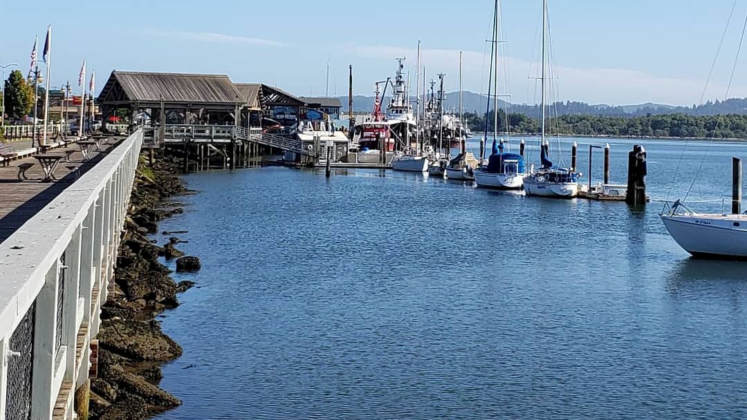 The image shows a peaceful harbor with boats docked along a wooden pier on a sunny day, with a clear blue sky and distant hills in the background.
