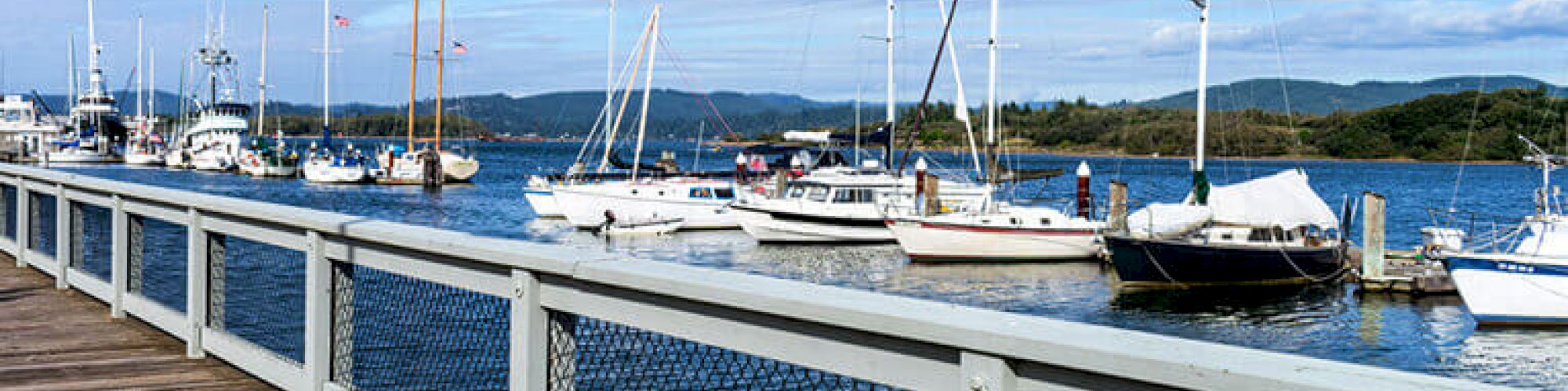 The image shows a picturesque marina with several boats anchored to the dock, clear blue skies, and a wooden boardwalk lined with a railing.