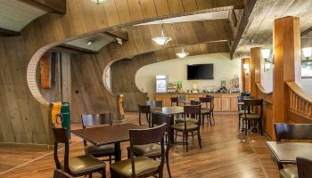 A cozy dining area with wooden walls, tables, and chairs. A counter area with a TV, coffee machine, and various items for customer use.